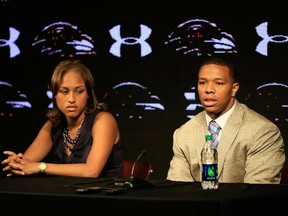 Ravens running back Ray Rice held a news conference with his wife Janay to address felony assault charges in Owings Mills, Md. on Friday, May 23, 2014. (Rob Carr/Getty Images/AFP)