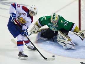 Edmonton's Edgars Kulda scores on Val d'Or goal Antoine Bibeau  during second period CHL Memorial Cup semifinal action between the Edmonton Oil Kings and the Val-d'Or Foreurs in London, Ont. on Friday May 23, 2014.  (DEREK RUTTAN, The London Free Press)