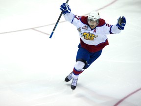 Edmonton's Curtis Lazar celebrates after he scored in the third overtime to end the longest game in Memorial Cup history during CHL Memorial Cup semi-final action between the Edmonton Oil Kings and the Val-d'Or Foreurs in London, Ont. on Friday May 23, 2014.  DEREK RUTTAN/ The London Free Press /QMI AGENCY