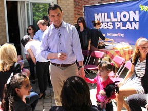 With less than three weeks to go until Ontarians head to the polls to elect a new Premier, PC candidate Tim Hudak made a campaign stop at a supporter's home in Woodbridge Saturday. Hudak pledged to the small crowd that he'd balance the budget and then lower taxes if elected. (CHRIS DOUCETTE/Toronto Sun)