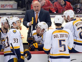 Nashville Predators coach Barry Trotz speaks to his team during a timeout in the third period against the Ottawa Senators at the Canadian Tire Centre. (Marc DesRosiers/USA TODAY Sports)