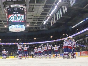 Edmonton players celebrate after Curtis Lazar scored in the third overtime to end the longest game in Memorial Cup history during CHL Memorial Cup semi-final action between the Edmonton Oil Kings and the Val-d'Or Foreurs in London, Ont. on Friday May 23, 2014.  DEREK RUTTAN/ The London Free Press /QMI AGENCY