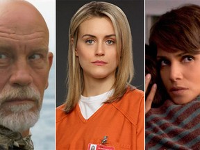 From left to right: John Malkovich in "Crossbones", Taylor Schilling in "Orange Is the New Black", and Halle Berry in "Extant".