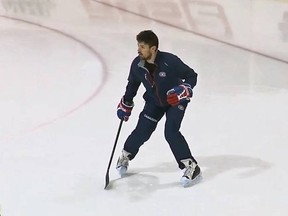 Injured goaltender Carey Price skates without his gear at the Canadiens practice facility in Brossard, Que. on Monday, May 26, 2014. (TVA Sports/QMI Agency)