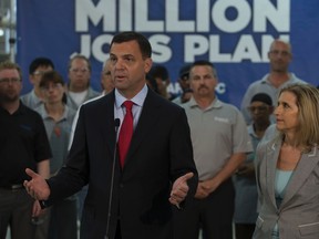 Ontario PC leader Tim Hudak with incumbent Gila Martow, of Thornhil, (R), at the Raywal Cabinets plant. in her riding. (JACK BOLAND, Toronto Sun)
