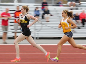 La Salle’s Heather Jaros runs to a first-place finish in the senior girls 1,500 metres at the Kingston Area Secondary Schools Athletic Association track and field championships at CaraCo Field on May 15. (Julia McKay/The Whig-Standard)