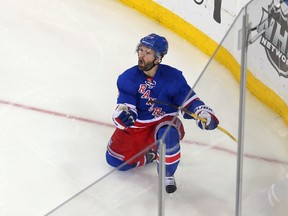 Rangers' Martin St. Louis celebrates his overtime winner versus the Montreal Canadiens in Game 4. The Rangers can finish off the Habs in Game 5 on Tuesday. (USA TODAY)