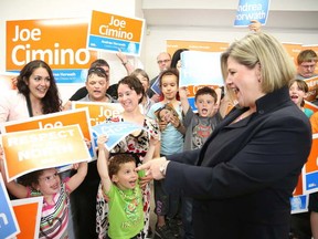 Gino Donato/The Sudbury Star
Provincial NDP leader Andrea Horwath greets supporters during a campaign stop in Sudbury at Joe Cimino's South End headquarters on Monday afternoon.
