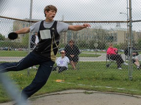 Mark Bujnowski at WOSSAA. He placed first in junior boys shot put and discus and goes on to OFSAA this week in Windsor. (Photo submitted)