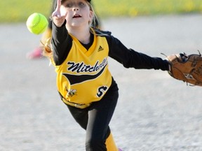 Kirsten Kipfer follows through on this pitch for her Mitchell Mite 2 girls team in Huron-Perth regular season opening action last Monday, May 19 against Fullarton. Mitchell doubled their foes, 4-2. ANDY BADER/MITCHELL ADVOCATE