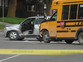 No children were onboard a bus involved in a serious collision at the corner of Ingersoll Avenue and Huron Street shortly after 3 p.m. Tuesday. 
TARA BOWIE / SENTINEL-REVIEW / QMI AGENCY