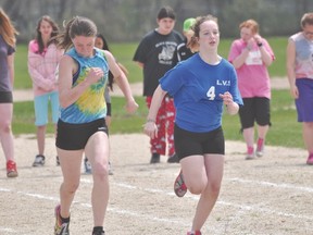 Action from the 100-metre dash at the LVS track meet May 26. (Kevin Hirschfield/THE GRAPHIC)