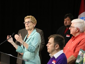 Liberal leader Kathleen Wynne answers questions during a camapign stop in Sudbury on Tuesday May 27/2014.
Gino Donato/The Sudbury Star