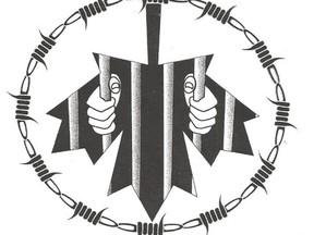 The logo on T-shirts at heart of a failed class-action lawsuit by federal prisoners. The T-shirts depicte two hands clutching jail bars inside the inverted Maple Leaf, which is circled by barbed wire.