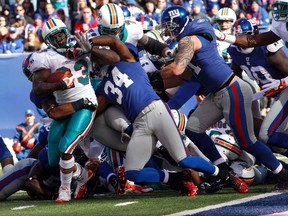 Steve Slaton, seen here in 2011 carrying the ball for the Miami Dolphins, is one of seven running backs under contract for the Argonauts going into training camp in June. (Mike Segar/Reuters)