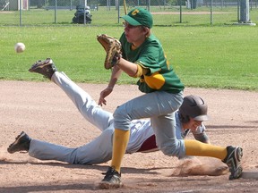 Pat Macpherson of PECI dives back to first base to avoid a potential pick-off attempt while Centennial's Owen Juby waits for the ball during Bay of Quinte varsity baseball semi-final action Monday in Wellington. Finals are Wednesday, also in Wellington. (BRUCE BELL/The Intelligencer)