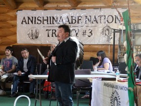 Treaty 3 Grand Chief Warren White gives his open remarks at the beginning of the Grand Council’s National Spring Assembly on Powwow Island inside Wauzhushk Onigum (Rat Portage) First Nation on Tuesday, May 27.

ALAN S. HALE/Daily Miner and News