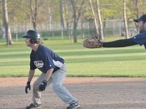 Shane Dewis of the Portage Padres leads off first during the Padres' 3-2 win over Minnedosa May 27. (Kevin Hirschfield/THE GRAPHIC)