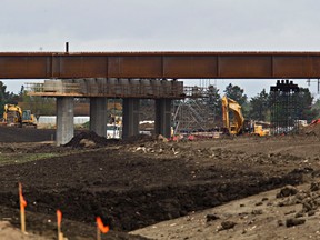 Construction continues Tuesday at Highway 2 and 41 Avenue SW in Edmonton. (Codie McLachlan photo)