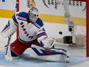 Rangers goalie Henrik Lunqvist lets in a goal against the Canadiens in Montreal on Tuesday night. (MARTIN CHEVALIER /QMI AGENCY)