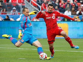 Designated Player Gilberto (right) has yet to score for TFC this season. He’ll likely get another chance to open his account Wednesday night against the Montreal Impact. (Stan Behal/Toronto Sun)