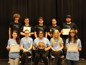 Grade 12 student Sabrina Jagpal (front-middle), sits with fellow Spruce Grove Composite High School drama students after receiving provincial recognitions for their performance of Jagpal’s original one-act play, “Child’s Play.” - Karen Haynes, Reporter/Examiner