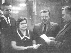 Council members taking the oath at office at the inaugural meeting on October 19, 1970 when former Mayor Glen MacLean became the mayor. Left to right: Councillors Claude Albert, Bob Mayhew, Betty Waugh and Mayor Lloyd MacLean. Secretary-Treasurer Bill Johanneson administers the oath.