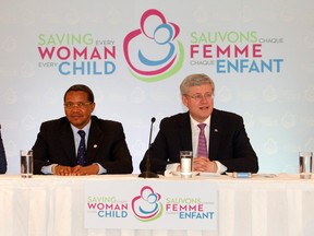 Prime Minister Stephen Harper and Jakaya Kikwete, president of Tanzania, attend the opening of the Maternal Newborn and Child Health Summit in Toronto May 28, 2014. REUTERS/Fred Thornhill