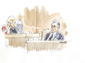 London Mayor Joe Fontana testifies at his criminal trial Wednesday as Justice Bruce Thomas listens. Fontana has pleaded not guilty to charges of fraud, breach of trust by a public official and uttering forged documents, dating back to 2005 when he was a Liberal MP and cabinet minister.  (Guy Nicoletti, special to QMI Agency)