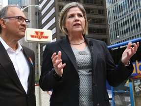 NDP leader Andrea Horwath along with NDP Trinity-Spadina candidate Rosario Marchese outside St. Andrew's station Thursday. (DAVE THOMAS/Toronto Sun)