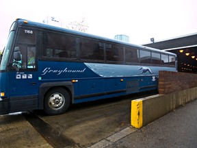 A Greyhound bus leaves the main station on 103 Street and 103 Avenue in Edmonton, Alta., on Thursday, May 29, 2014. The station will relocate because of the new downtown arena. Codie McLachlan/Edmonton Sun