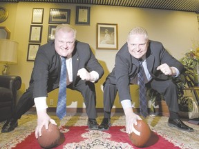 Mayor Rob Ford (left) and Coun. Doug Ford, photographed in Mayor's Office in Toronto, January 20, 2011, want to bring an NFL team to Toronto. They're heading to Chicago this weekend to see the Bears and Packers in a playoff game. (QMI Agency)