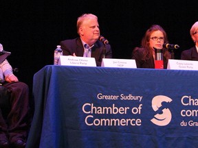JOHN LAPPA/THE SUDBURY STAR/QMI AGENCY 
Andrew Olivier, left, Liberal candidate, Joe Cimino, NDP candidate, Casey Lalonde, Green Party candidate, and Paula Peroni, PC candidate, participate in an all-candidates debate at Sudbury Secondary School on Thursday evening.