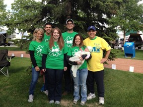 Jack Andre and his Tumorators at the 2013 Relay for Life in Spruce Grove. From left to right: Lucia Reiservort (sister), Dylan Reiservort (nephew), Susan Stolte (daugher), Jon Stolte (son-in-law), Shannon Gabel (daughter), and Lexi Gabel (granddaughter), and team captain Jack. - Photo Supplied