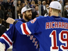 Rangers superstar goalie Henrik Lundqvist embraces teammate Brad Richards after New York eliminated Montreal in the Eastern Conference final. The Rangers are back in the Stanley Cup final for the first time in 20 years. (Getty Images/AFP)
