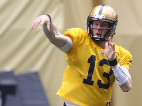 Quarterback Jordan Yantz throws during a drill at Winnipeg Blue Bombers rookie camp at Investors Group Field in Winnipeg, Man., on Fri., May 30, 2014. Kevin King/Winnipeg Sun/QMI Agency