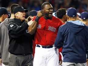 Boston Red Sox designated hitter David Ortiz is contained by umpire Jeff Kellogg after teammate Mike Carp was hit by a pitch against the Tampa Bay Rays at Fenway Park in Boston, May 30, 2014. (WINSLOW TOWNSON/Getty Images/AFP)