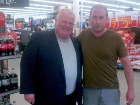 Toronto Mayor Rob Ford stopped by a WalMart in Bracebridge on May 31, 2014 to do some shopping and took time out to have his photo snapped with Curtis Armstrong, publisher of Muskoka Magazine and What's Up Muskoka. (Photo courtesy Muskoka Magazine and What's up Muskoka)