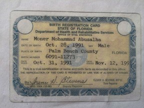 Florida birth registration card for Moner Mohammad Abu-Salha is seen in this government handout image. REUTERS/State of Florida/Handout via Reuters