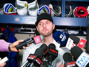 Montreal Canadiens forward Thomas Vanek speaks to the media at the Bell Sports Complex in Brossard, Que., May 31, 2014. (BEN PELOSSE/QMI Agency)