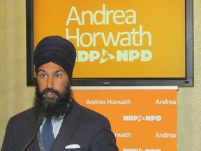 NDP candidate Jagmeet Singh, of the riding of Bramalea-Gore-Malton, unveils new party campaign ad in Toronto on Sunday, June 1, 2014, that urges people to consider Leader Andrea Horwath as the logical option to the Liberals' "corruption" and the Progressive Conservatives' "bad math." (Antonella Artuso/Toronto Sun)