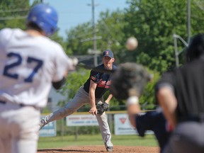 Kingston Loyalist Farm Ponies pitcher Derek Howe strikes out Nepean Brewers shortstop Nick Gazo during the first game of a doubleheader at Megaffin Park on Saturday. Julia McKay/The Whig-Standard