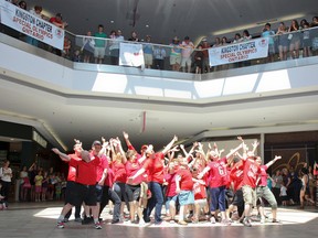 Shoppers at the Cataraqui Centre were treated to a very special flash mob in centre court on Saturday when more than 25 athletes, coaches, parents and volunteers with the Kingston chapter of  Special Olympics Ontario came from every direction and danced to Sara Bareilles' song Brave to promote acceptance and staying active. Julia McKay/The Whig-Standard