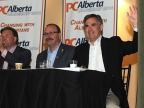 Leadership contenders for the PC Party of Alberta gather at SAIT's MacDonald Hall in NW Calgary, Alta. on Saturday, May 31, 2014. From left to right are Thomas Lukaszuk, Ric McIver and Jim Prentice.
The three were taking part in Alberta PC policy talk.
Stuart Dryden/Calgary Sun/QMI Agency