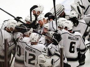 The Los Angeles Kings celebrate after scoring the game-winning goal against the Chicago Blackhawks during the overtime period in game seven of the Western Conference Final of the 2014 Stanley Cup playoffs on Sunday. (DENNIS WIERZBICKI/USA TODAY Sports)