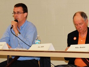 Progressive Conservative incumbent Monte McNaughton (left), NDP candidate Joe Hill and Liberal candidate Mike Radan sparred about a range of issues during a Lambton-Kent Middlesex riding debate organized by the Lambton Federation of Agriculture and the National Farmers Union, held May 27 in Alvinston.