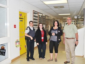 From left: RCMP Cpl. Kristen Dowsett, St. Mary Principal Ashley Floyd, Whitecourt Crime Prevention Co-ordinator Tina Prodaniuk and RCMP Const. Rob Dunbar observed a practice lockdown at St. Mary School on Wednesday, May 28.
Barry Kerton | Whitecourt Star