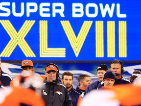 Denver Broncos coach  John Fox watches play against the Seattle Seahawks during Super Bowl XLVIII at MetLife Stadium on February 2, 2014 in East Rutherford, New Jersey.  (Jamie Squire/Getty Images/AFP)