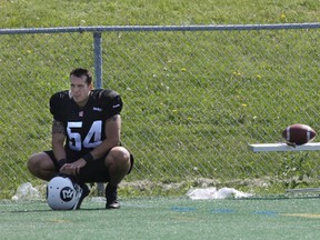 Long snapper Kevin Scott, a former defensive end and linebacker, sits alone at RedBlacks practice on Monday. TONY CALDWELL/OTTAWA SUN