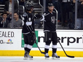 Los Angeles Kings center Jeff Carter (77) is congratulated by defenseman Drew Doughty (8) after scoring a goal in the second period against the Montreal Canadiens at Staples Center. Mandatory Credit: Kirby Lee-USA TODAY Sports